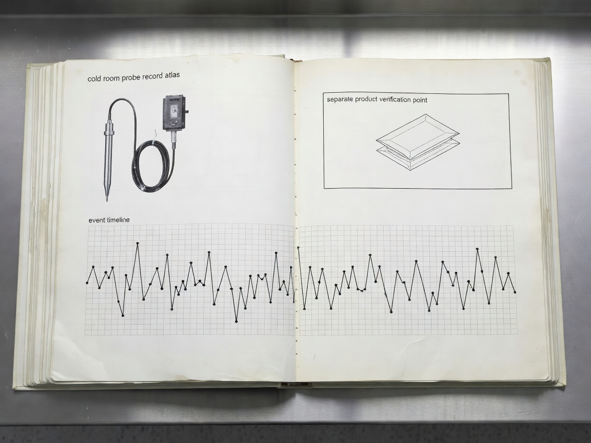 Flat illustration of a cold-room probe linked to a time-stamped temperature event record