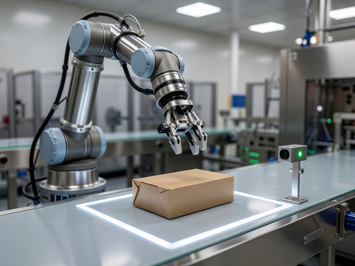 Flat robotic gripper transferring a food carton to a checked receiving conveyor